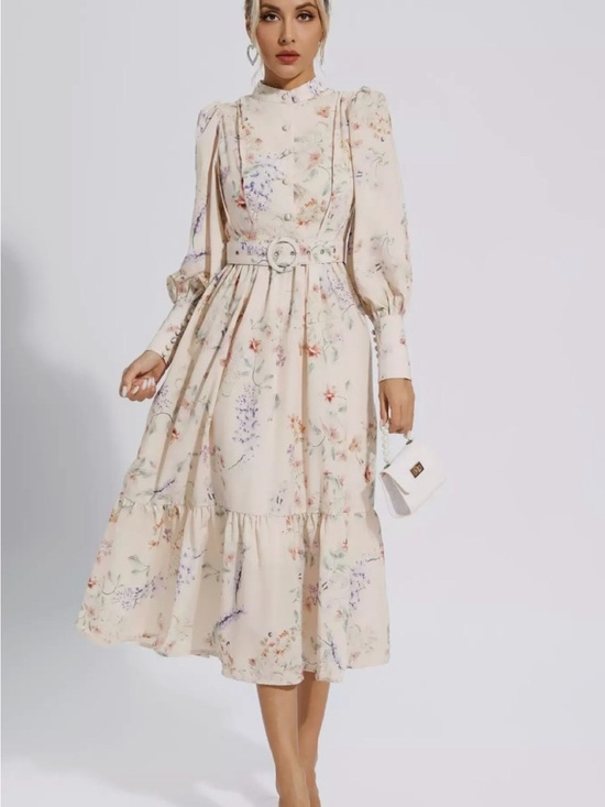 Catchall Dresses & Skirts - Floral Belted Midi Dress in Cream with Delicate Print